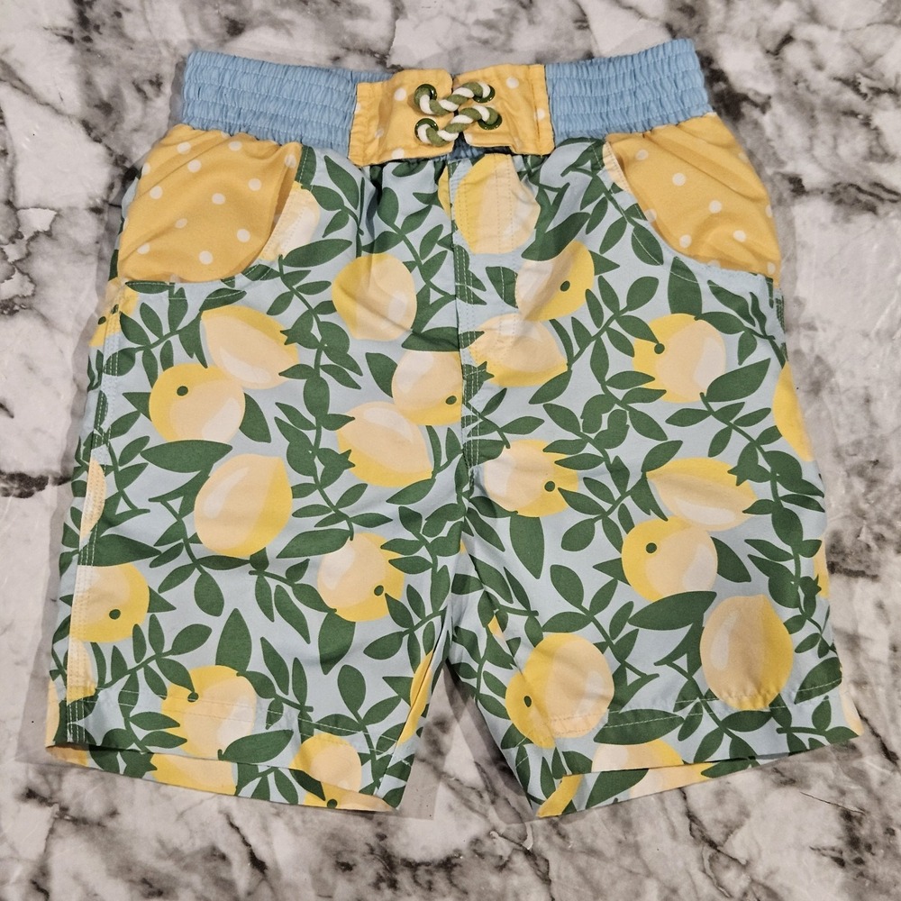 Matilda Jane Boys Swim Trunks Size 6‎ Lemon Print Blue Waistband